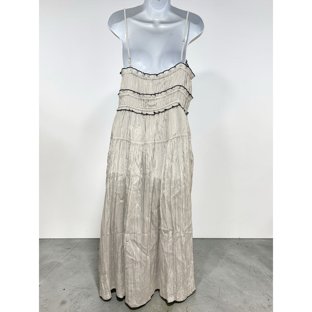 NWT J Crew Crinkle Maxi Dress L Silver Gray Ruffle Tiered Black Trim Cami - Picture 6 of 14